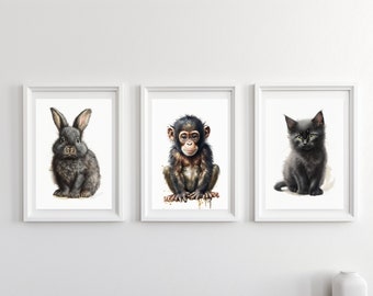 Aquarell schwarze Pelztiere Wandkunst | 3er-Set Kinderzimmer-Kollektion | Kätzchen, Hase und Baby Schimpanse Druck | Sofortdownload | 06072023