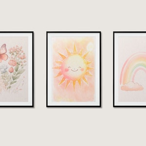 Arco iris de acuarela boho, Arte de pared de mariposa sol y floral, Decoración de habitación infantil vibrante, Conjunto de 3 arte de guardería, Impresión digital instantánea, 04062023