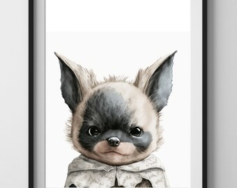 Aquarell Fledermaus Hund Wandkunst | Kinderzimmer Dekor | Haustier Hund Portrait | Baby Tier Druck | Süßer Welpe Poster | SOFORTIGER DOWNLOAD | 19062023