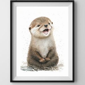 Op de afbeelding: Een aquarel schilderij van een bruine en witte otter met een gelukkige uitdrukking. De otter zit op een lichtblauw oppervlak met een witte achtergrond.