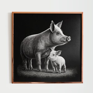 以下が含まれることがあります： 母豚とその子豚の白黒のイラスト。母豚は前足を少し開いて立ち、頭を横に傾けている。子豚は母豚の横に立って、母豚を見上げている。イラストは銅色の額縁に入っている。