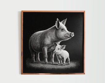 Vintage baby varken met moeder varken lijn kunst poster | Op de natuur geïnspireerde muurkunst | Dierenliefdevolle woondecoratie | Instant digitale afdrukbare | 12032023