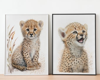 Aquarel Baby Cheetah kunst aan de muur | Safari dierenset van 2 prints | Jungle kinderkamer decor | Dierenliefhebber cadeau | Direct downloaden | 25062023