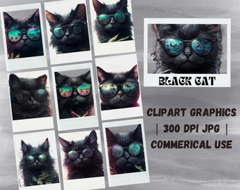 Verspielte schwarze Katze Clipart mit cooler Sonnenbrille | Lustige Katze | 10 hochwertiges transparentes PNG | Bastelprojekte | Digitaler Download | 14062023