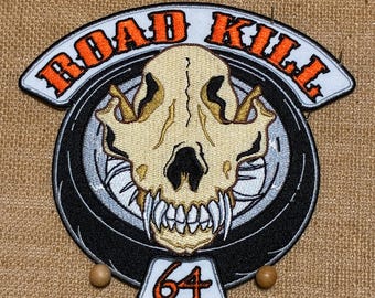 Large Road Kill 64 Embroidered Patch – Biker Skull & Tire Iron-On Badge