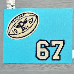 May include: A light blue felt background with two embroidered patches. One patch is an off-white football shape with black text reading "19 NY 67" and a stylized bird. The other patch is the number "67" in off-white with a black border.