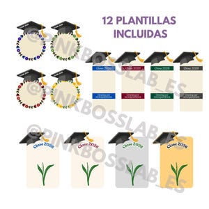 May include: A set of 12 digital templates featuring graduation caps with yellow tassels. Designs include circular floral wreaths, rectangular tags with the text "Clase 2026" and "Gracias por acompa&ntilde;arnos" in various colors, and tags with green leaf illustrations.