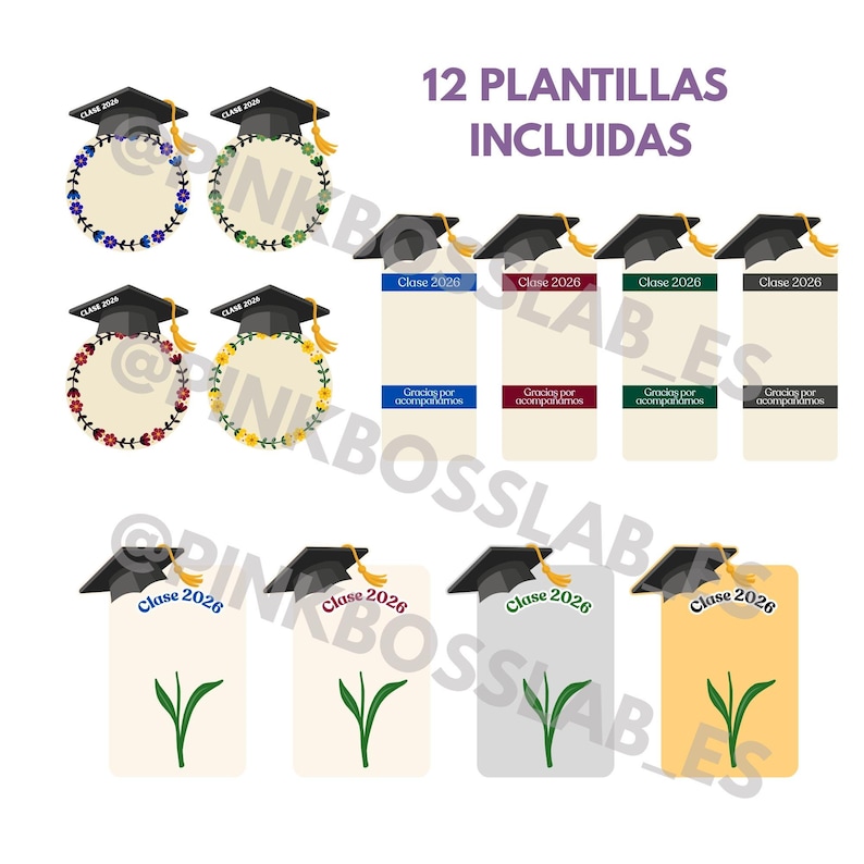 May include: A set of 12 digital templates featuring graduation caps with yellow tassels. Designs include circular floral wreaths, rectangular tags with the text "Clase 2026" and "Gracias por acompa&ntilde;arnos" in various colors, and tags with green leaf illustrations.