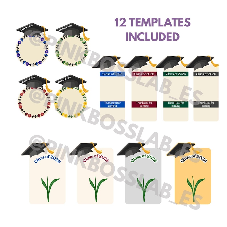 May include: A collection of 12 graduation-themed templates featuring black mortarboards with yellow tassels. Designs include circular floral frames, rectangular tags with Class of 2026 text, and vertical cards with green sprout illustrations and graduation text.