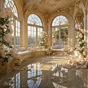May include: A white, ornate, sunroom with large windows and white floral arrangements. The floor is covered in white petals and the windows reflect the light.