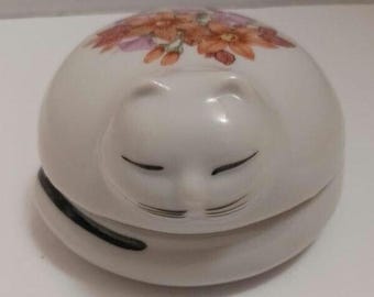 Vintage Sleeping Kitty Trinket Box, Hand Painted Floral Design