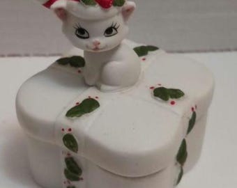 Lefton Hand Painted Porcelain Bisque Covered Trinket Dish Kitten on Lid Christmas