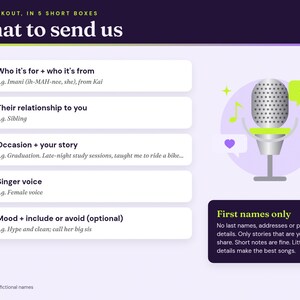 What to send: the five personalization boxes with example answers using fictional names