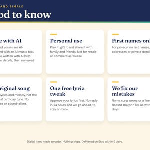 Good to know: AI-made music and vocals, personal use, first names only, one free lyric tweak