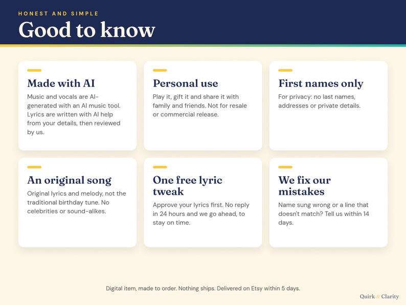 Good to know: AI-made music and vocals, personal use, first names only, one free lyric tweak