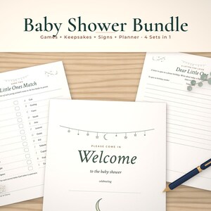Baby shower bundle mockup: a game page, welcome sign and keepsake letter fanned on wood