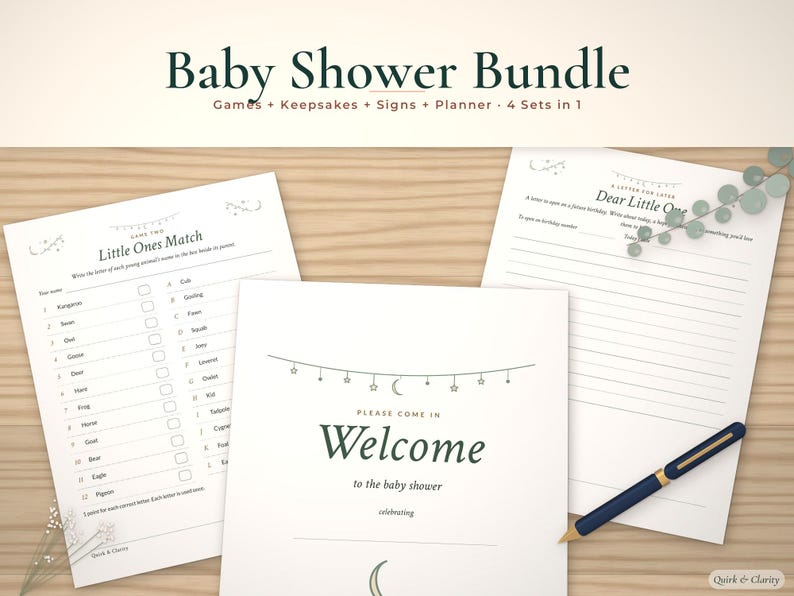 Baby shower bundle mockup: a game page, welcome sign and keepsake letter fanned on wood