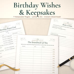 Birthday keepsake printables mockup: Report Card, Soundtrack of You and Raise a Glass pages on linen