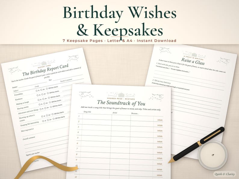 Birthday keepsake printables mockup: Report Card, Soundtrack of You and Raise a Glass pages on linen
