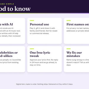 Good to know: AI-made music and vocals, personal use, first names only, one free lyric tweak