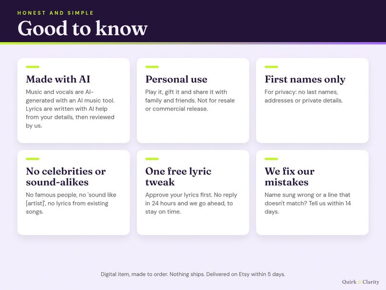 Good to know: AI-made music and vocals, personal use, first names only, one free lyric tweak