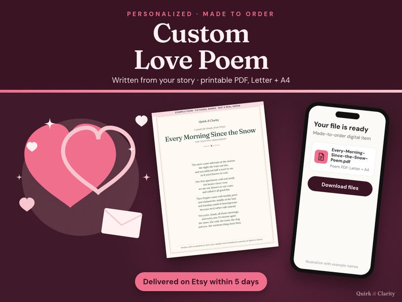 Custom Love Poem: personalized poem written from your story, delivered as a printable PDF in US Letter and A4