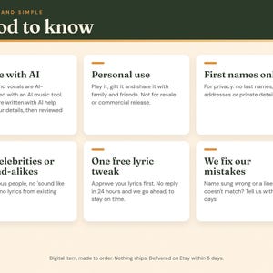 Good to know: AI-made music and vocals, personal use, first names only, one free lyric tweak