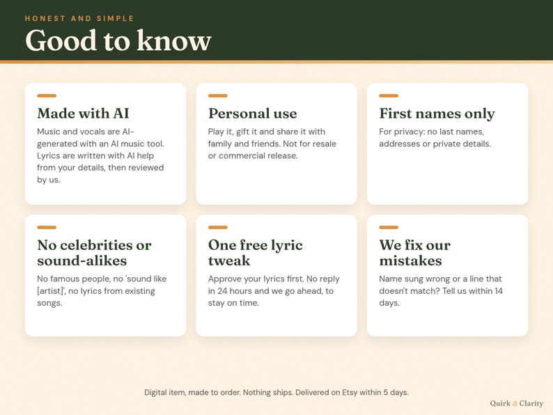 Good to know: AI-made music and vocals, personal use, first names only, one free lyric tweak