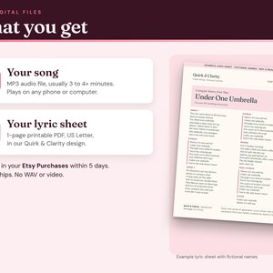 What you get: an MP3 song file, usually 3 to 4+ minutes, and a one-page printable lyric sheet PDF, example with fictional names
