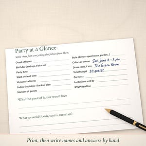Party at a Glance page partly filled in by hand