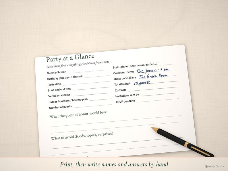 Party at a Glance page partly filled in by hand