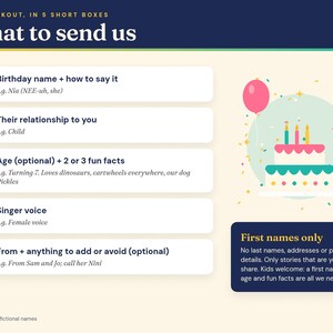 What to send: the five personalization boxes with example answers using fictional names