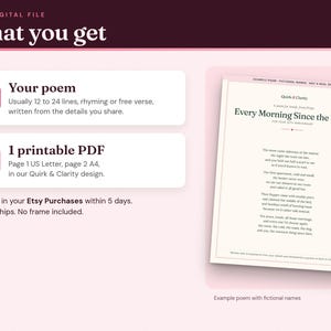 What you get: one printable poem PDF with a US Letter page and an A4 page, example with fictional names