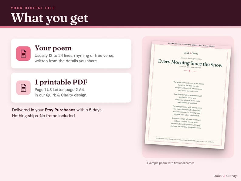 What you get: one printable poem PDF with a US Letter page and an A4 page, example with fictional names