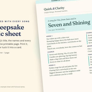 Close-up of an example Quirk & Clarity lyric sheet with fictional names