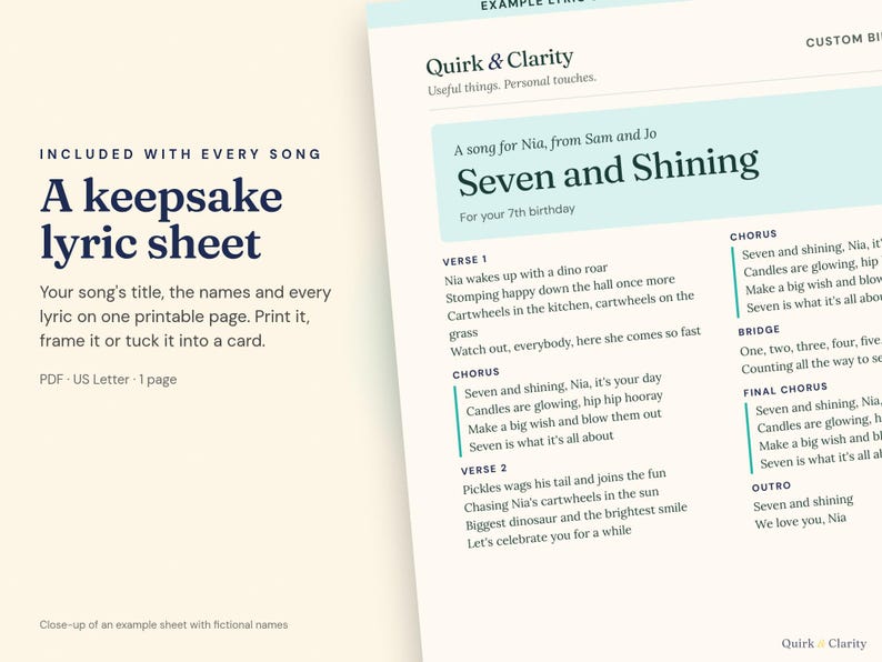 Close-up of an example Quirk & Clarity lyric sheet with fictional names