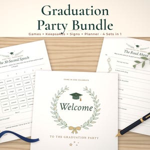 Graduation bundle mockup: The 30-Second Speech, Class of Welcome, The Road Ahead pages fanned on a styled tabletop