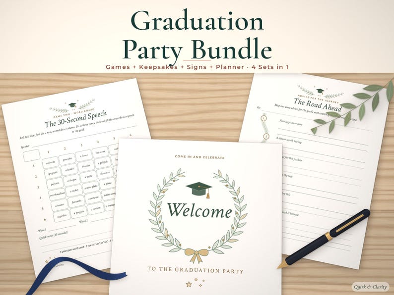 Graduation bundle mockup: The 30-Second Speech, Class of Welcome, The Road Ahead pages fanned on a styled tabletop