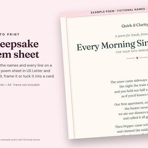 Close-up of an example Quirk & Clarity poem sheet (US Letter and A4 in one PDF) with fictional names
