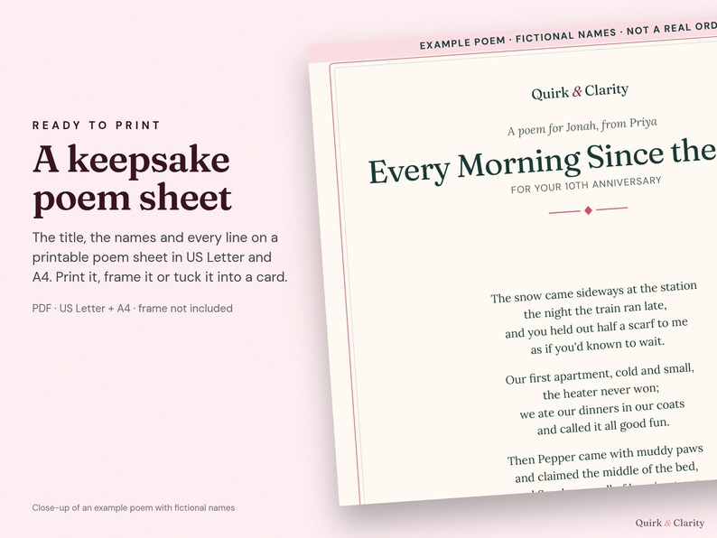 Close-up of an example Quirk & Clarity poem sheet (US Letter and A4 in one PDF) with fictional names