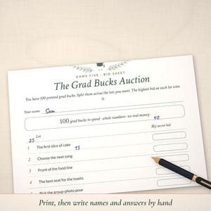 Grad Bucks Auction bid sheet partly filled in by hand