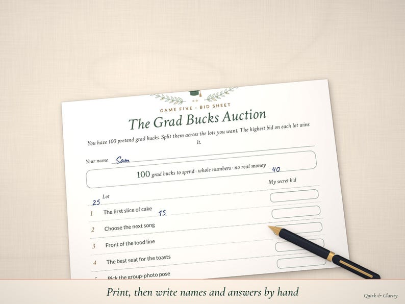 Grad Bucks Auction bid sheet partly filled in by hand