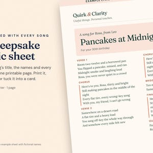 Close-up of an example Quirk & Clarity lyric sheet with fictional names