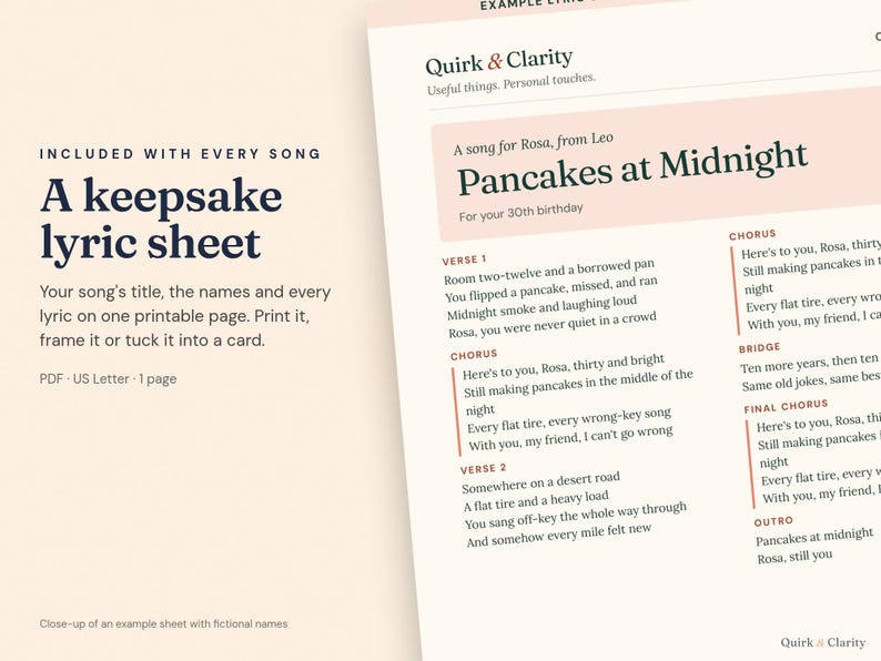 Close-up of an example Quirk & Clarity lyric sheet with fictional names