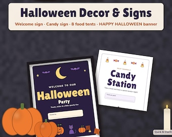 Peut inclure: Un ensemble de panneaux pour fête d'Halloween comprenant un panneau de bienvenue avec une lune et des chauves-souris, un panneau de station de bonbons avec des bonbons maïs, et le texte Halloween Decor & Signs, Welcome sign, Candy sign, 8 food tents, HAPPY HALLOWEEN banner.