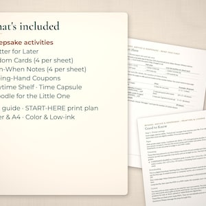 List of 7 baby shower keepsake activities beside angled pages