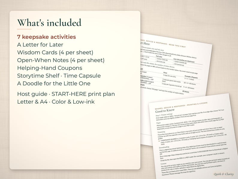 List of 7 baby shower keepsake activities beside angled pages