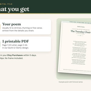 What you get: one printable poem PDF with a US Letter page and an A4 page, example with fictional names
