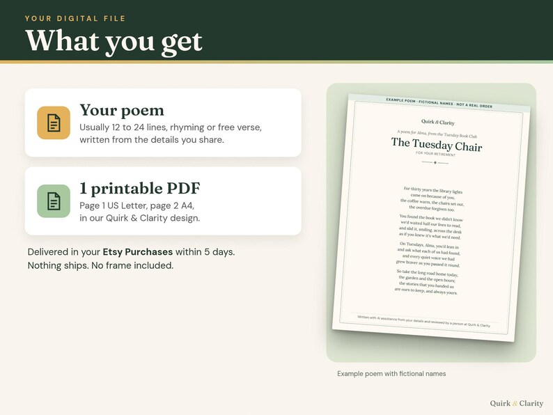 What you get: one printable poem PDF with a US Letter page and an A4 page, example with fictional names