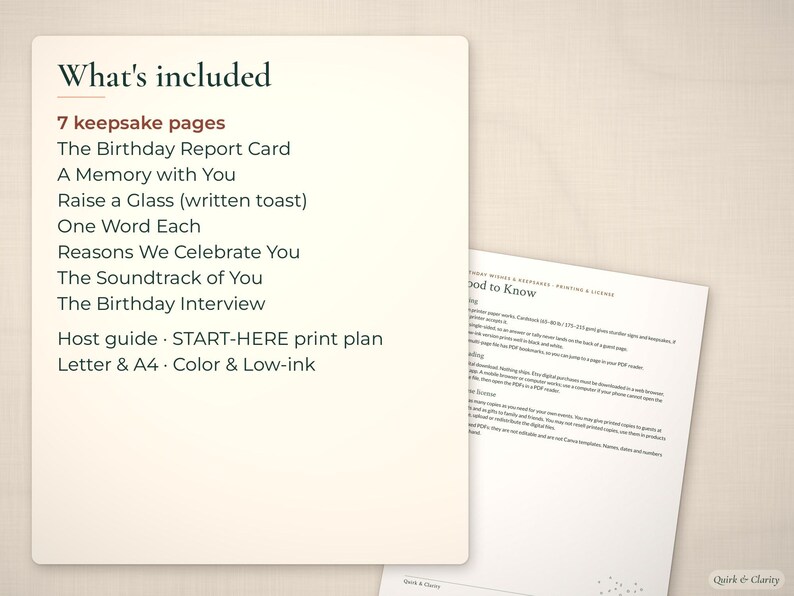List of 7 birthday keepsake pages